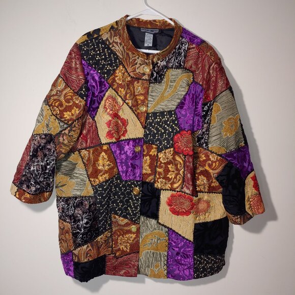 Indigo Moon Tapestry Crushed Burnout Velvet Patchwork Jacket Sz 2X Brown Purple - Picture 1 of 6